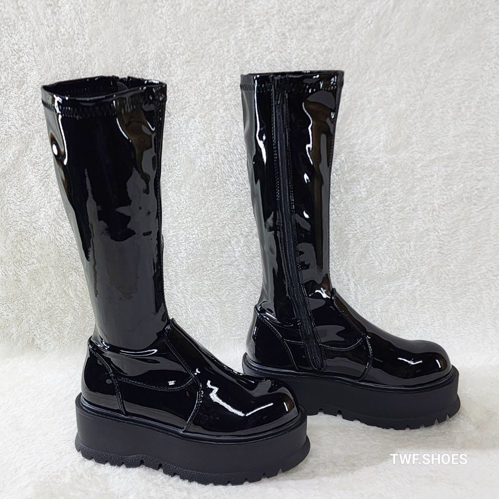 Demonia Shiny Black Tall Platform Boots - Picture 7 of 10